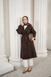 Çift Cepli Omuz Apolet Detay Bel Bağlamalı Kot Trenç Kahverengi