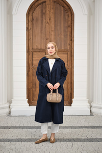 Çift Cepli Omuz Apolet Detay Bel Bağlamalı Kot Trenç Lacivert