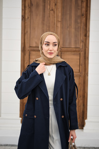 Çift Cepli Omuz Apolet Detay Bel Bağlamalı Kot Trenç Lacivert