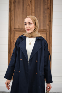 Çift Cepli Omuz Apolet Detay Bel Bağlamalı Kot Trenç Lacivert