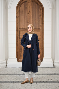 Çift Cepli Omuz Apolet Detay Bel Bağlamalı Kot Trenç Lacivert