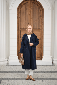 Çift Cepli Omuz Apolet Detay Bel Bağlamalı Kot Trenç Lacivert