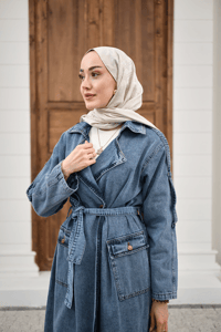 Çift Cepli Omuz Apolet Detay Bel Bağlamalı Kot Trenç Buz Mavi