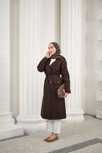 Çift Cepli Omuz Apolet Detay Bel Bağlamalı Kot Trenç Kahverengi