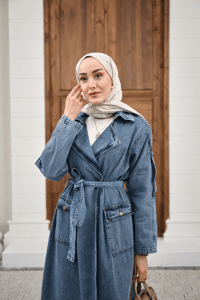 Çift Cepli Omuz Apolet Detay Bel Bağlamalı Kot Trenç Buz Mavi