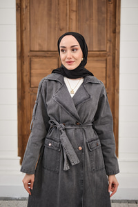 Çift Cepli Omuz Apolet Detay Bel Bağlamalı Kot Trenç Füme