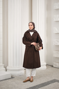 Çift Cepli Omuz Apolet Detay Bel Bağlamalı Kot Trenç Kahverengi