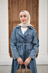 Çift Cepli Omuz Apolet Detay Bel Bağlamalı Kot Trenç Buz Mavi