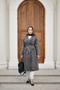 Çift Cepli Omuz Apolet Detay Bel Bağlamalı Kot Trenç Füme