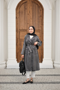 Çift Cepli Omuz Apolet Detay Bel Bağlamalı Kot Trenç Füme