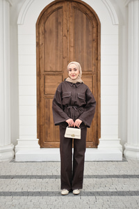 Çift Cepli Pantolonlu Takım Kahverengi