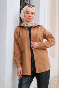 Çift Cepli Polar Gömlek Camel