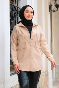 Çift Cepli Polar Gömlek Krem