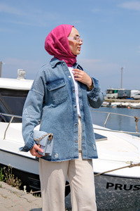 Çift Cepli Taş Aksesuarlı Kot Ceket MAVI