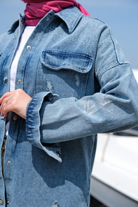 Çift Cepli Taş Aksesuarlı Kot Ceket MAVI