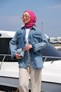 Çift Cepli Taş Aksesuarlı Kot Ceket MAVI