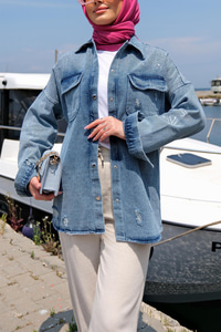 Çift Cepli Taş Aksesuarlı Kot Ceket MAVI