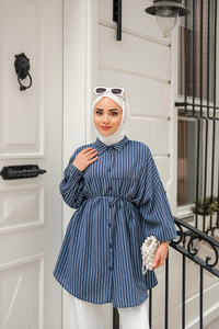 Çift Çizgi Desenli Gömlek Lacivert