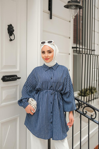 Çift Çizgi Desenli Gömlek Lacivert