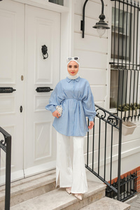 Çift Çizgi Desenli Gömlek Mavi