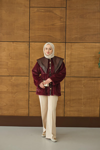 Çift Deri Yaka Peluş Ceket Bordo