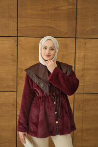 Çift Deri Yaka Peluş Ceket Bordo