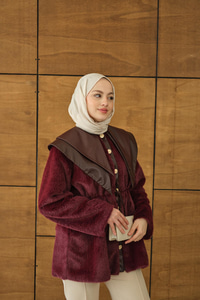 Çift Deri Yaka Peluş Ceket Bordo