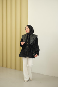 Çift Deri Yaka Peluş Ceket Siyah