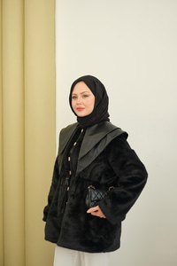 Çift Deri Yaka Peluş Ceket Siyah