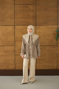 Çift Deri Yaka Peluş Ceket Vizon