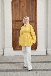 Çift Dikiş Detay Gömlek Sarı