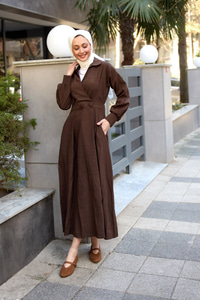 Çift Düğme Detaylı Kraş Elbise Kahverengi