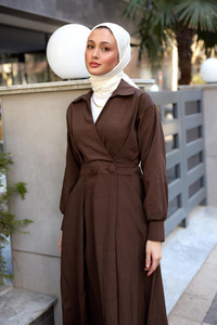 Çift Düğme Detaylı Kraş Elbise Kahverengi