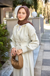 Çift Düğme Detaylı Kraş Elbise Krem