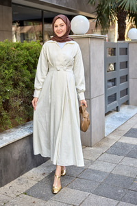 Çift Düğme Detaylı Kraş Elbise Krem