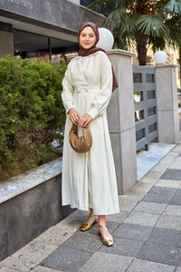 Çift Düğme Detaylı Kraş Elbise Krem