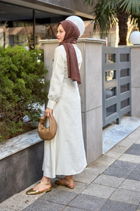 Çift Düğme Detaylı Kraş Elbise Krem