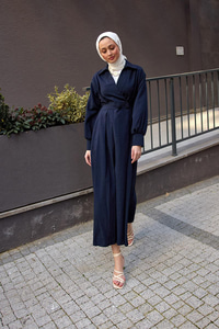 Çift Düğme Detaylı Kraş Elbise Lacivert