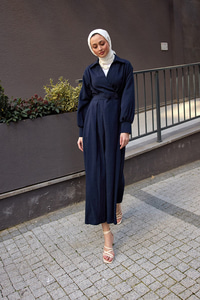 Çift Düğme Detaylı Kraş Elbise Lacivert