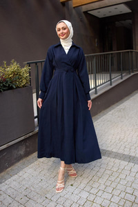 Çift Düğme Detaylı Kraş Elbise Lacivert