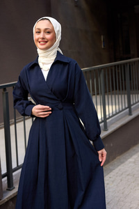 Çift Düğme Detaylı Kraş Elbise Lacivert