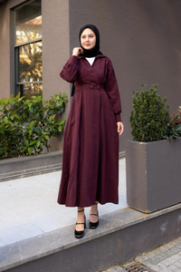 Çift Düğme Detaylı Kraş Elbise Mürdüm