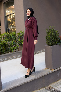 Çift Düğme Detaylı Kraş Elbise Mürdüm