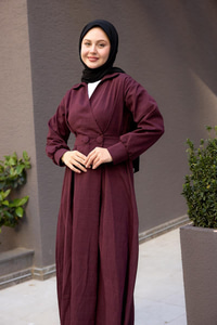 Çift Düğme Detaylı Kraş Elbise Mürdüm