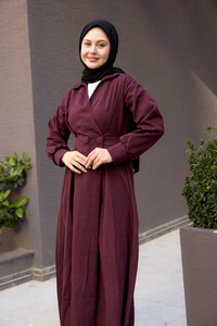 Çift Düğme Detaylı Kraş Elbise Mürdüm