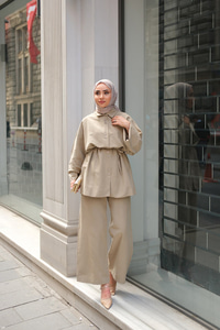 Çift Düğme Detaylı Takım Bej