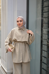 Çift Düğme Detaylı Takım Bej