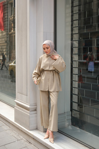 Çift Düğme Detaylı Takım Bej