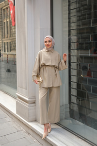 Çift Düğme Detaylı Takım Bej