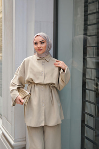 Çift Düğme Detaylı Takım Bej